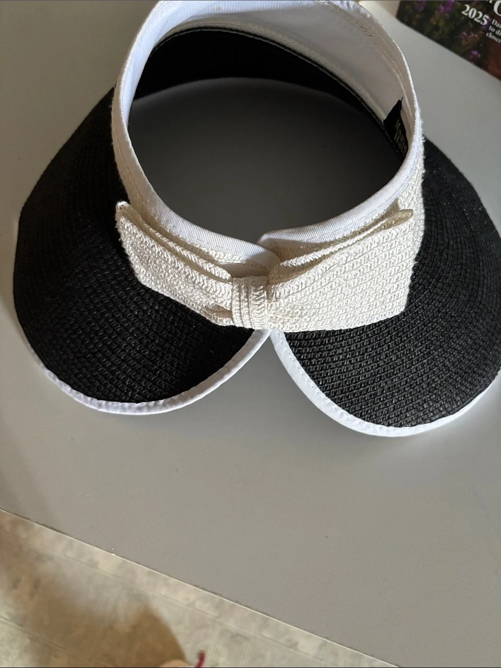 Women’s Black and White Straw Visor Hat with Adjustable Band